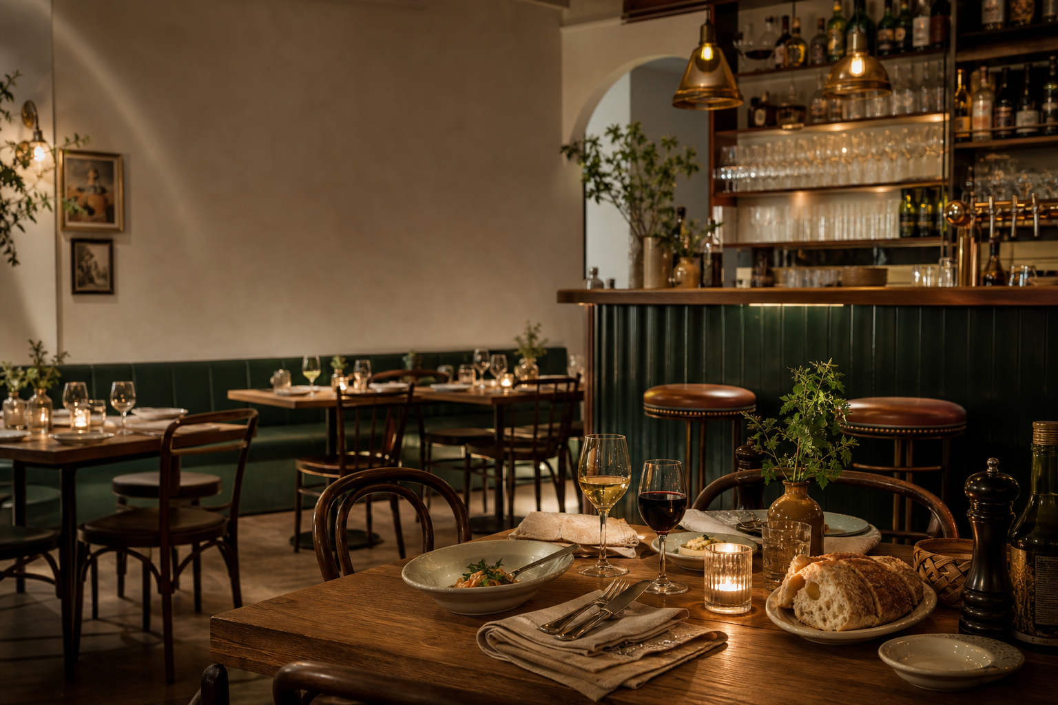 Gemütlicher Bistro-Innenraum mit gedecktem Tisch